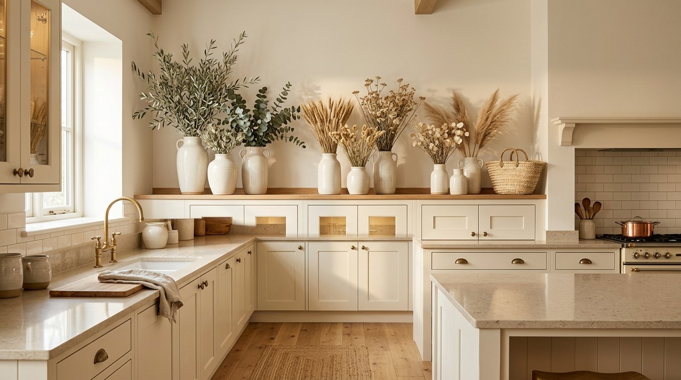 Warm neutral kitchen styled with tall ceramic jugs filled with dried wheat stalks, olive branches, and fluffy pampas grass