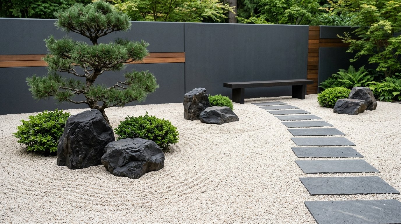 Modern minimalist Zen garden featuring dark charcoal basalt boulders set against crisp white-beige raked gravel and a dark gray accent wall
