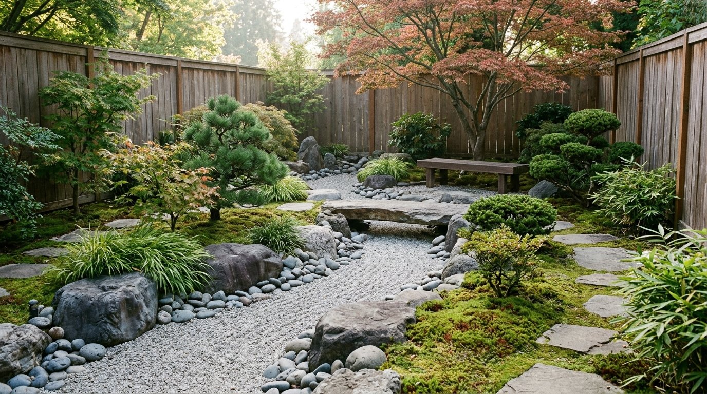 Karesansui dry riverbed made of smooth river pebbles and large boulders crossed by a natural flat stone slab bridge