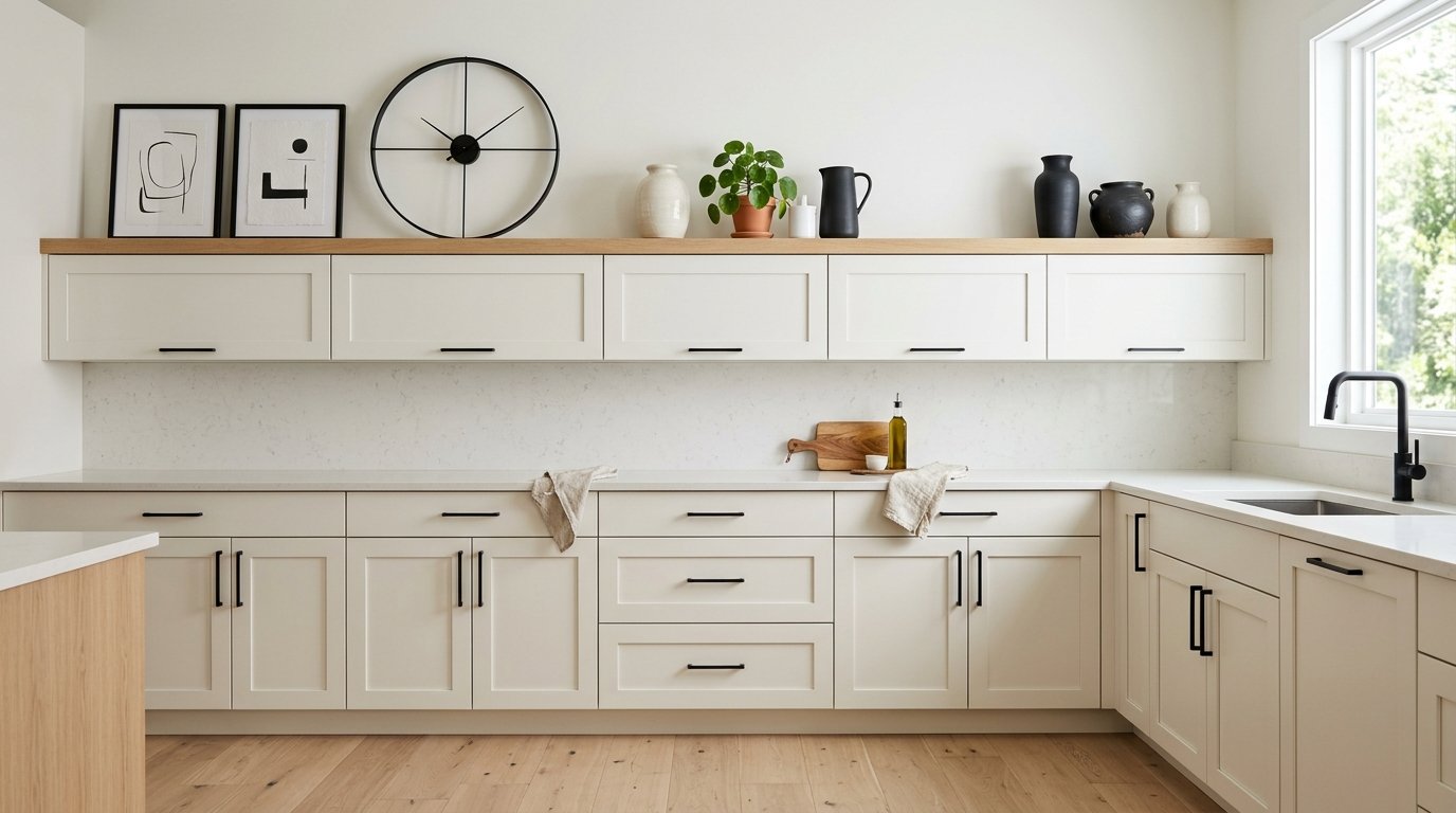 Contemporary white kitchen with modern matte black ceramic vessels, black-framed prints, and a minimal black clock above cabinets