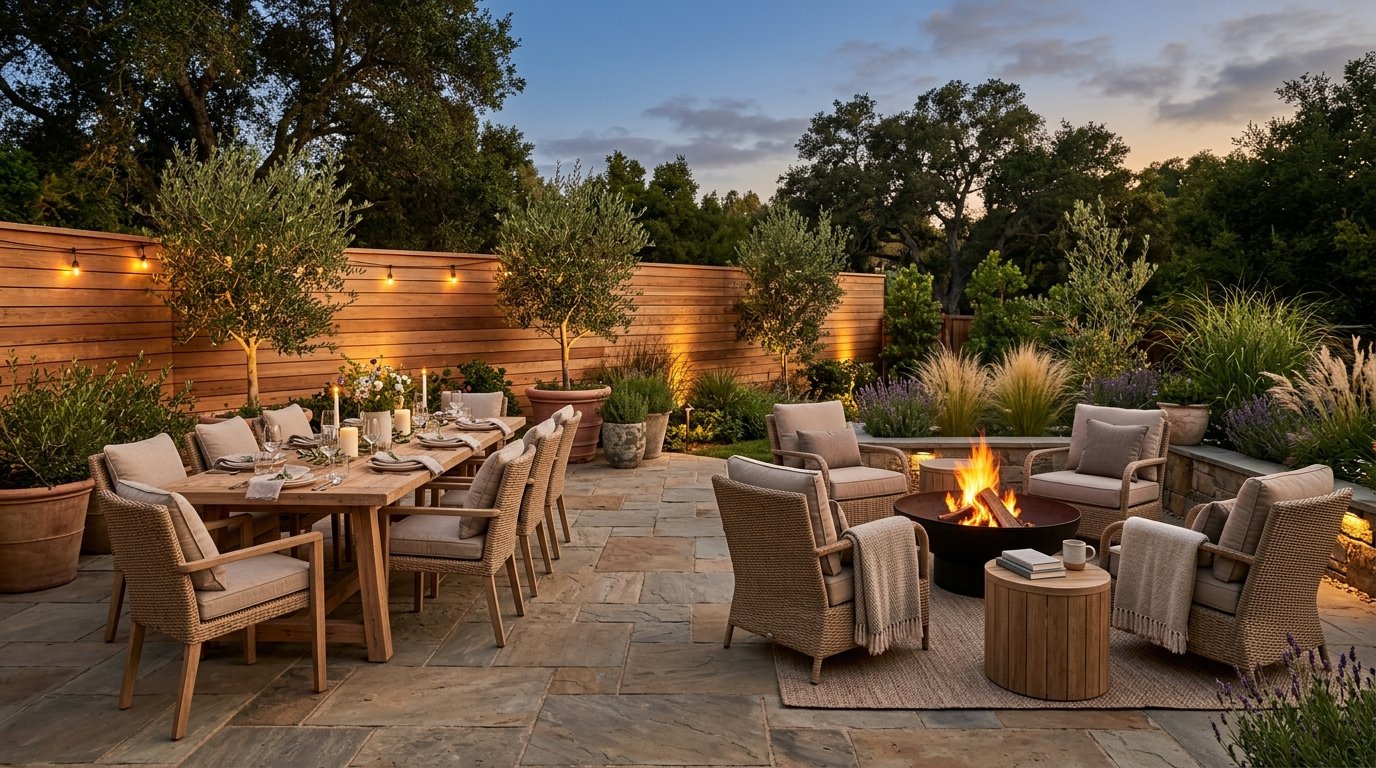 Spacious stone patio divided into an outdoor dining area with a long table and an adjacent fire pit lounge zone