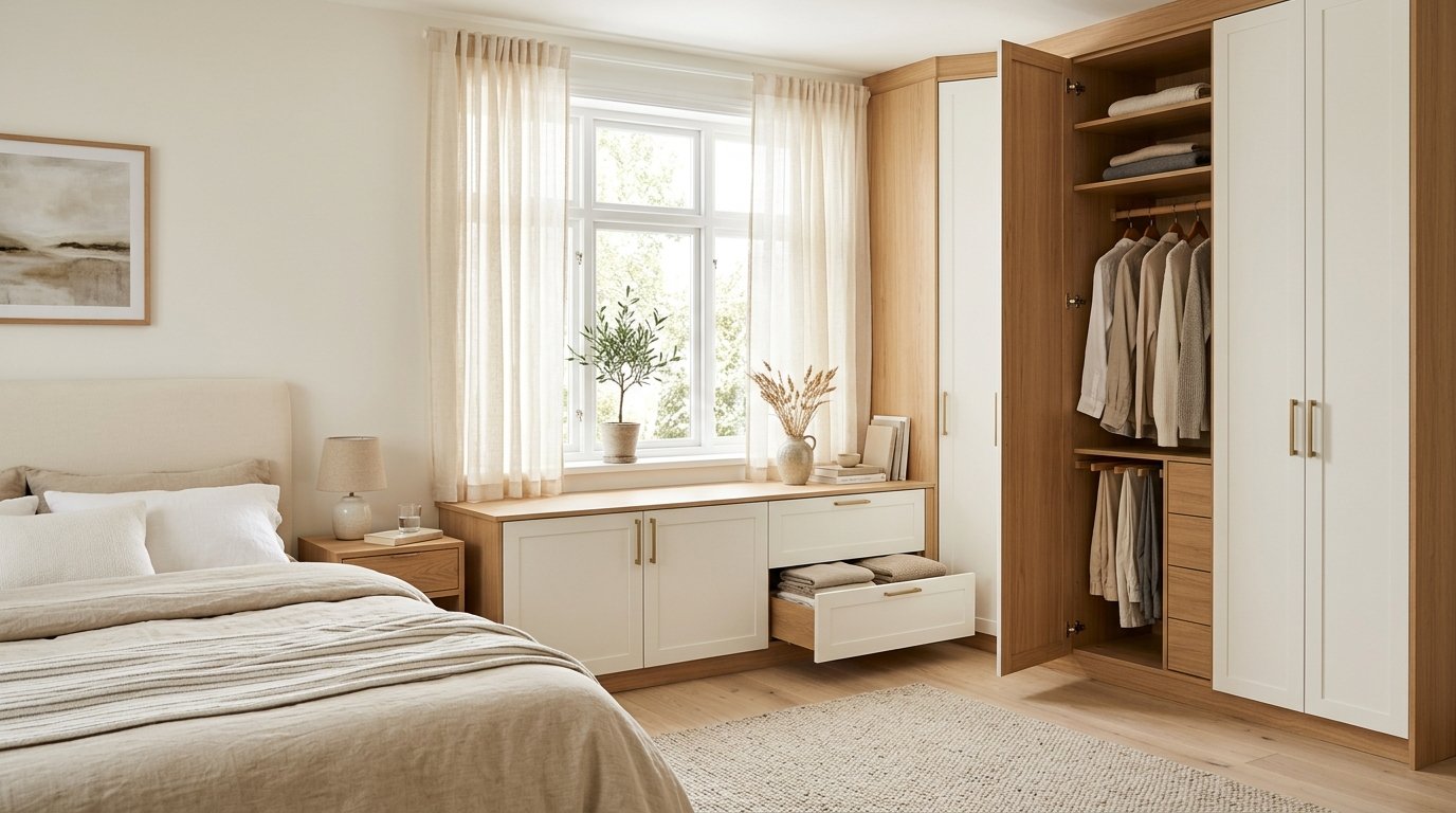 Custom corner wardrobe system built around a bedroom window with low storage bench cabinets