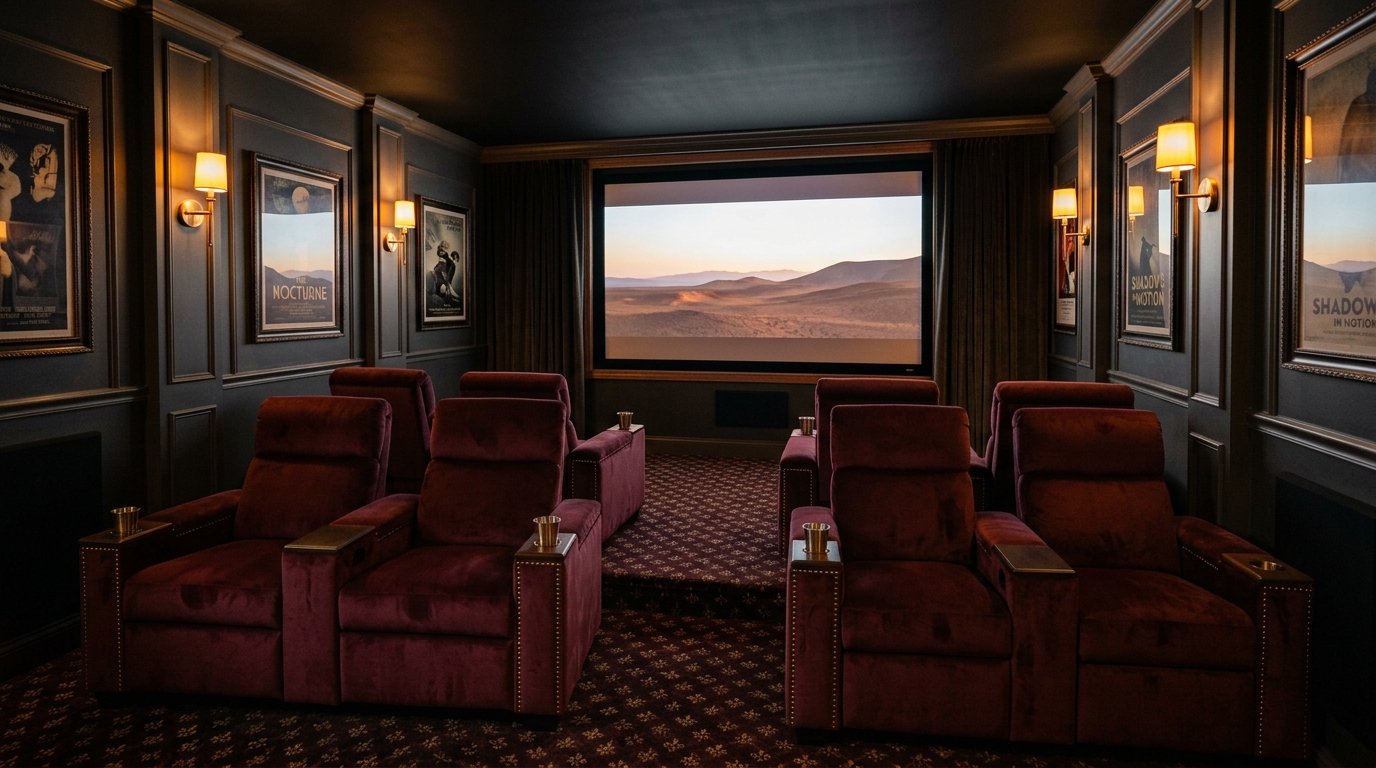 Classic vintage-style home cinema with deep burgundy velvet recliner seats, dark paneled walls, brass sconces, and patterned carpet