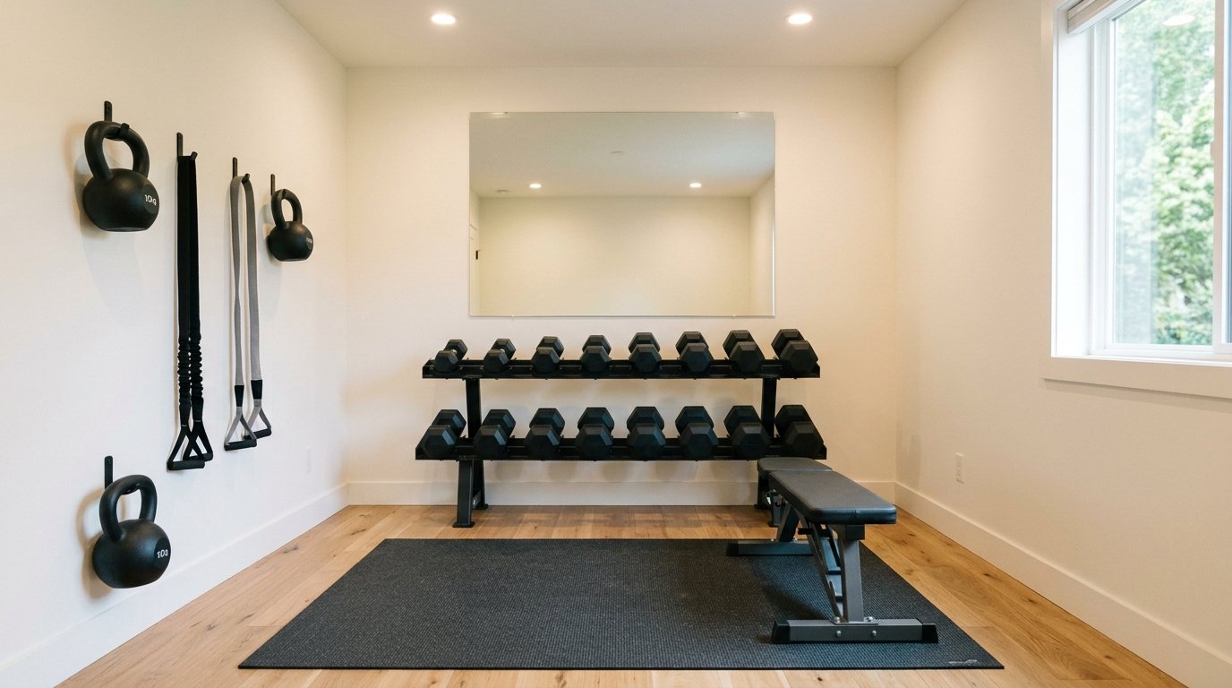 Compact home gym wall featuring a two-tier hex dumbbell rack, wall-mounted kettlebell hooks, and a large mirror