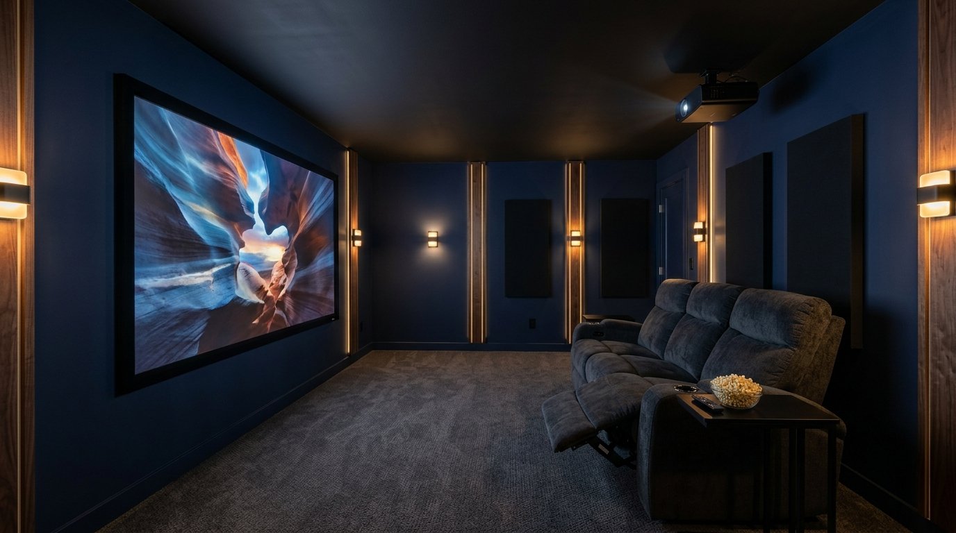 Compact dedicated cinema room with a ceiling-mounted projector, large fixed-frame screen, and navy blue acoustic walls