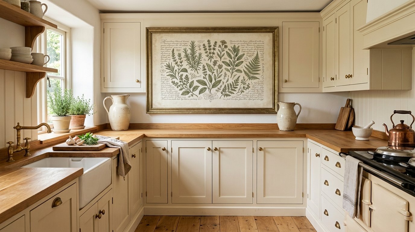 Cozy farmhouse kitchen with an oversized framed vintage botanical chart centered in the space above the cabinetry