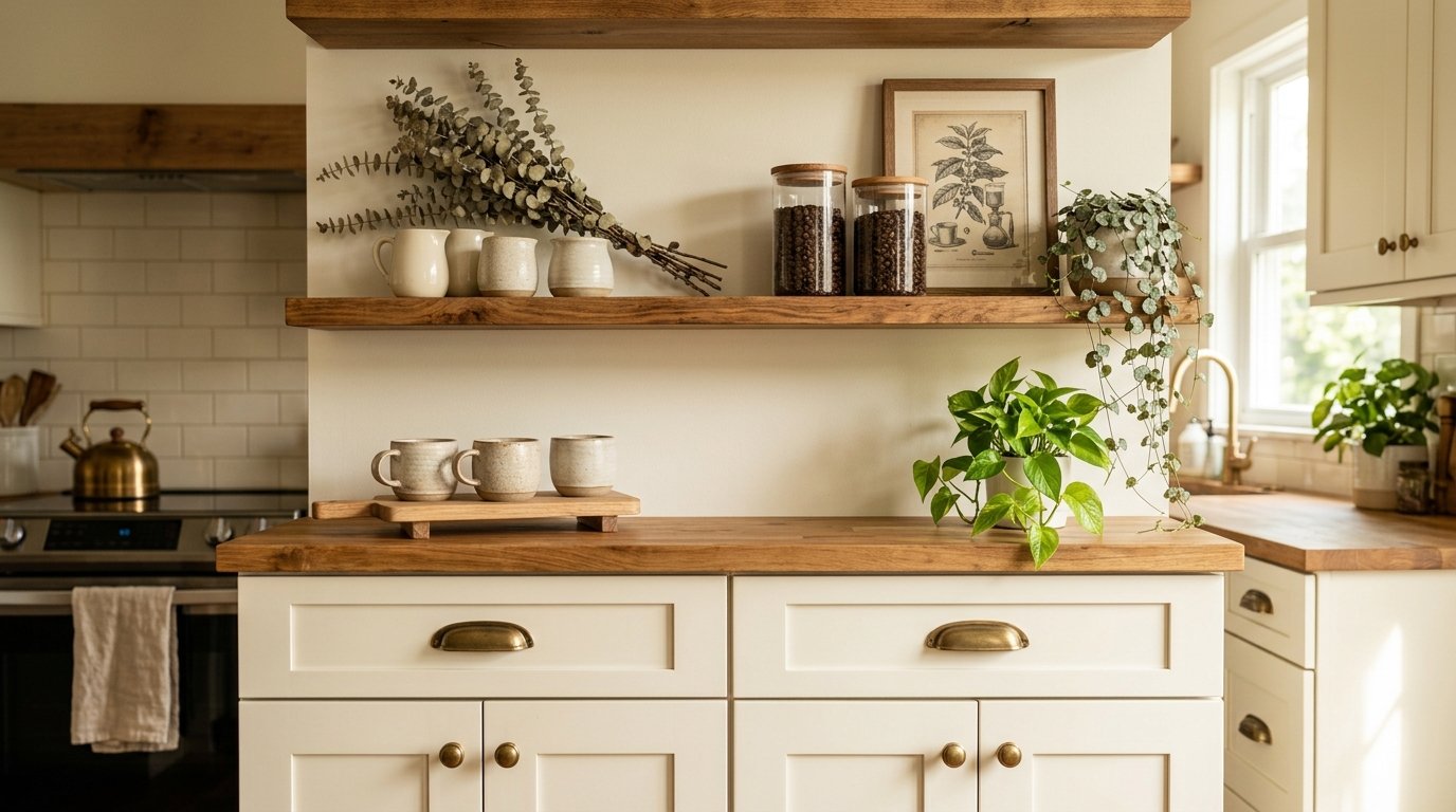 Coffee-themed decorative display above cabinets featuring ceramic mugs on a wood riser, whole bean jars, and botanical coffee art