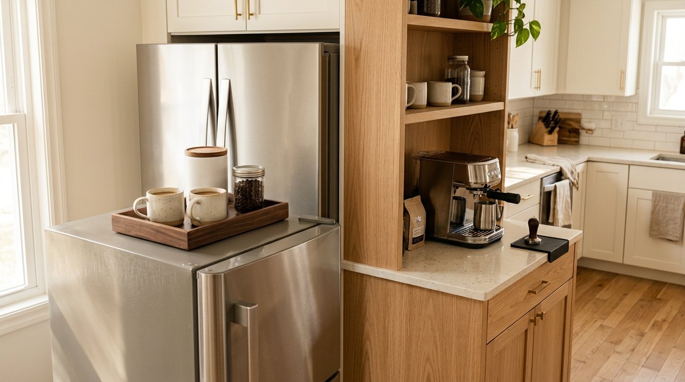 Top of a refrigerator styled with a dark wood tray holding ceramic coffee mugs, a coffee canister, and a jar of whole beans