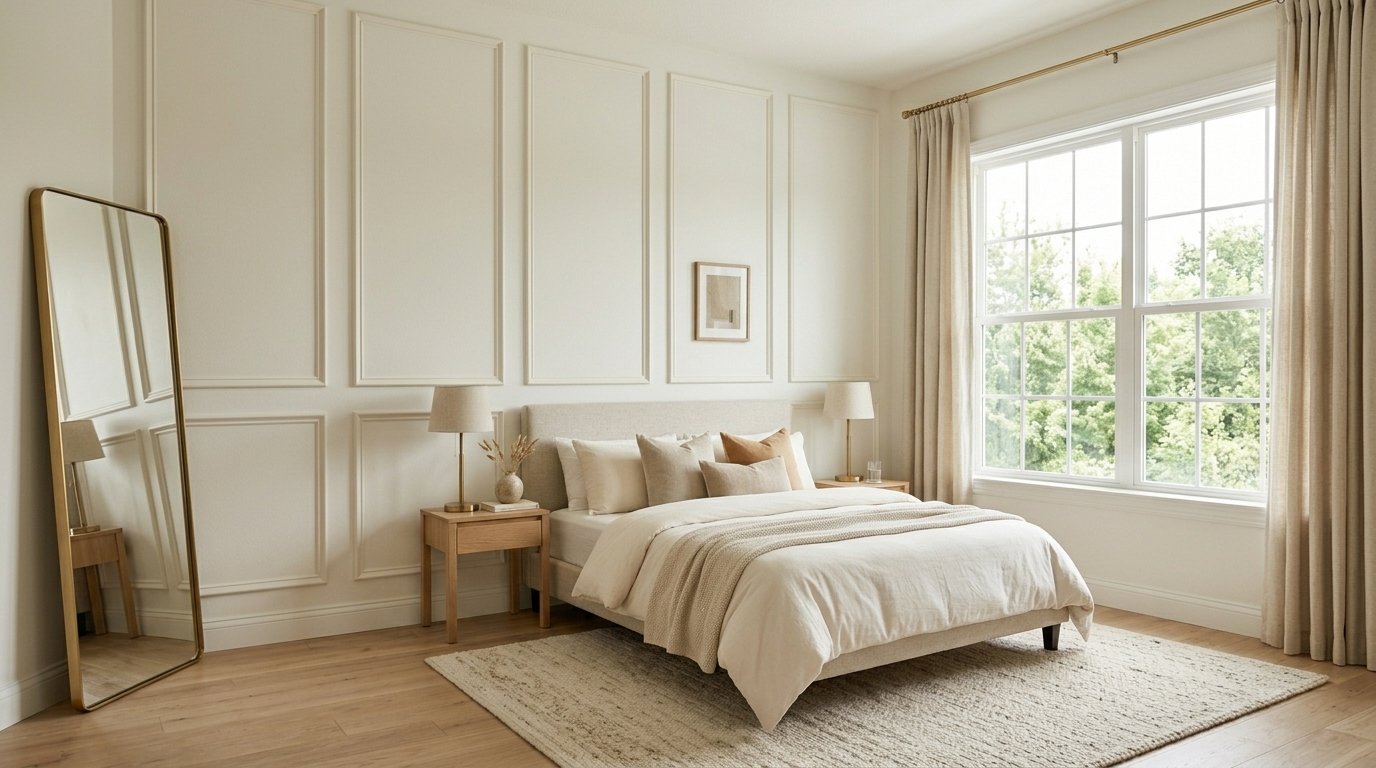 Rental bedroom wall enhanced with removable picture frame wall molding creating elegant rectangular panels