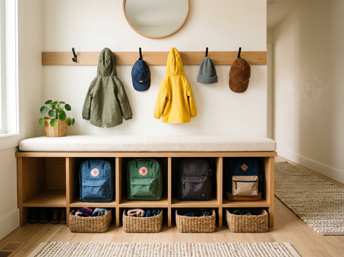 Solid oak entryway bench featuring open cubby compartments sized specifically for backpacks and baskets