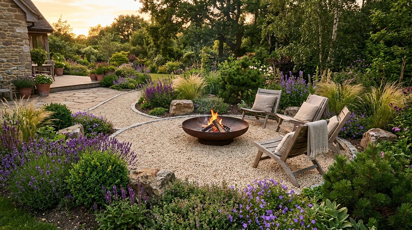 Circular gravel fire pit area naturally integrated into lush perennial garden beds with lavender and ornamental grasses
