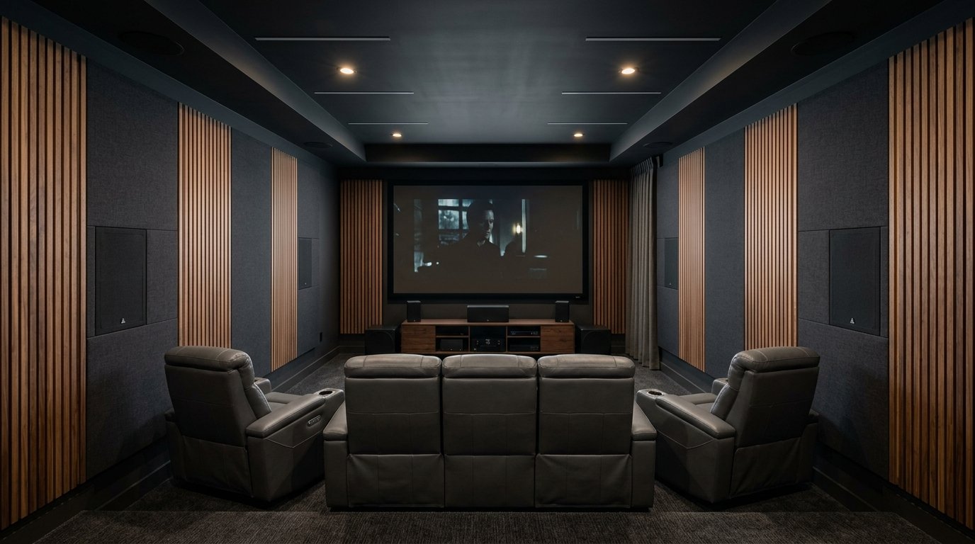 Home theater side walls treated with symmetrical dark fabric acoustic panels and vertical walnut wood slats