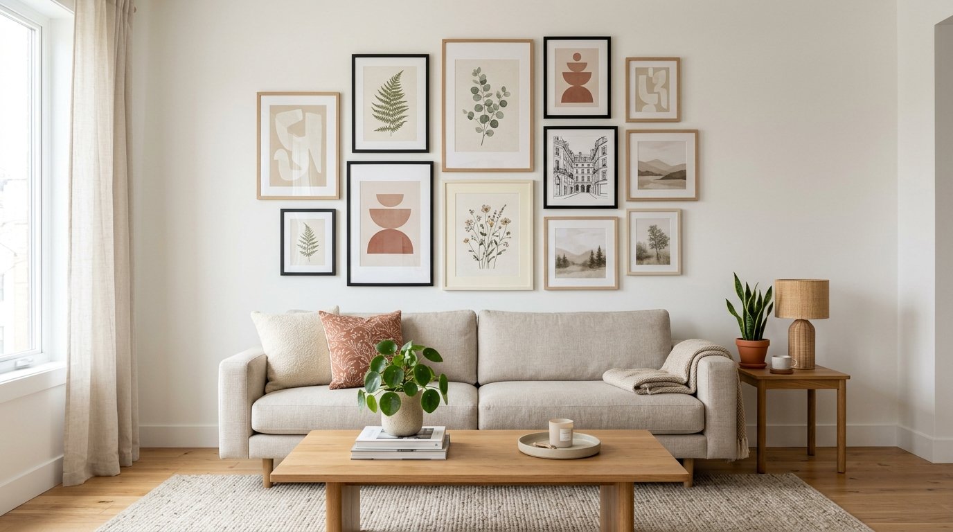 Salon-style gallery wall of eleven framed prints in coordinated oak and black frames hung above a living room sofa