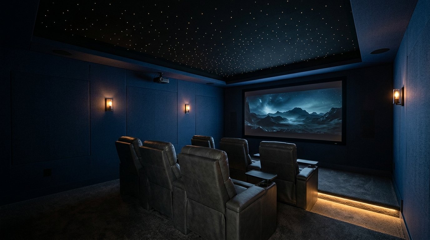 Luxury home theater room featuring a fiber optic starlight star ceiling, navy acoustic walls, and tiered leather recliners