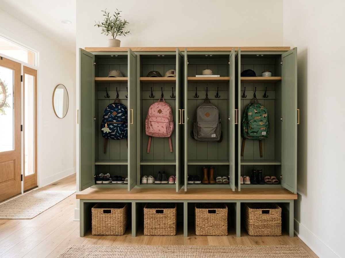 Sage green mudroom storage locker unit with individual compartments, hooks, shoe shelves, and lower baskets