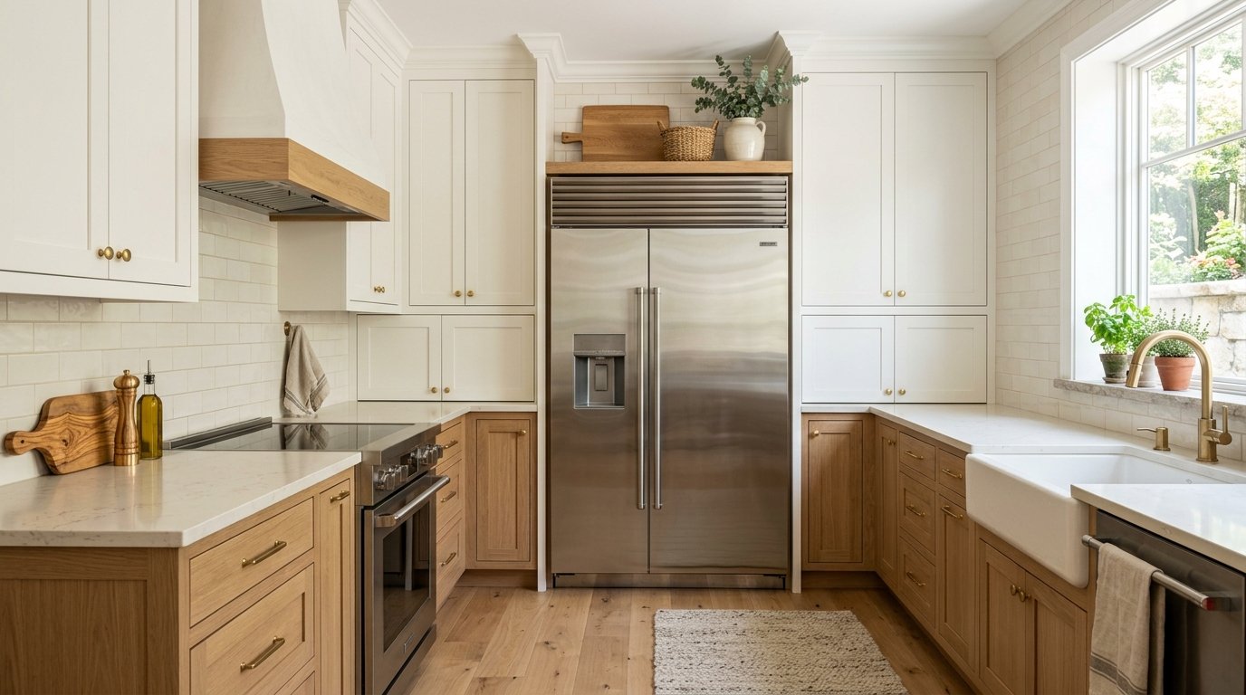 Top of refrigerator styled with matching kitchen elements including a wooden cutting board, seagrass basket, and ceramic vase