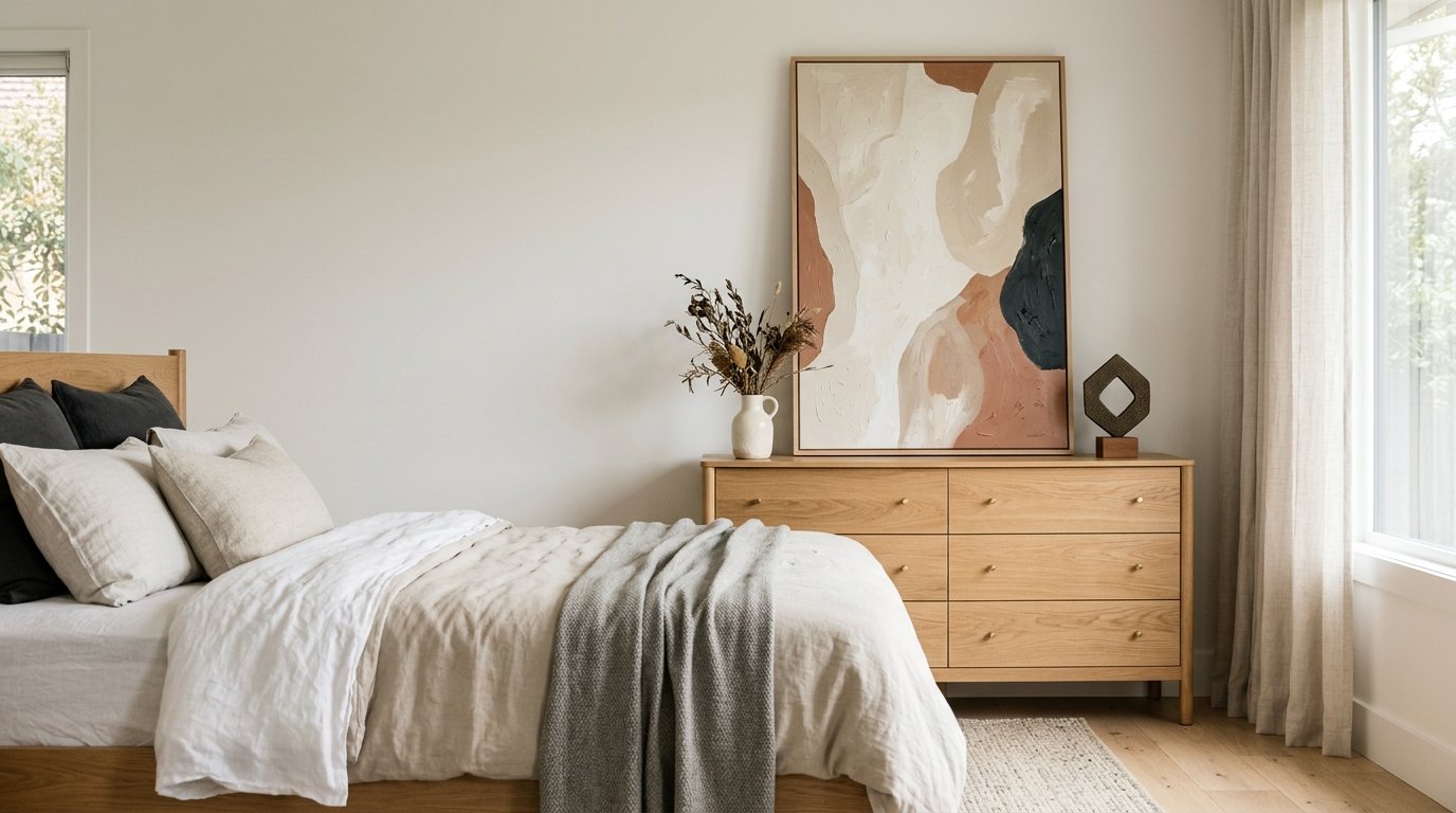 Oversized abstract framed canvas art leaned effortlessly against a white wall on top of a natural oak bedroom dresser