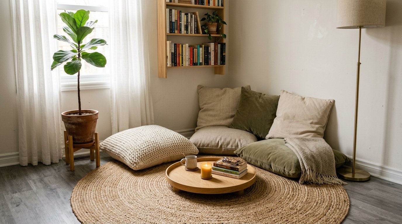 Round woven jute rug styled with cozy neutral floor cushions and a low wooden tray table in a reading corner