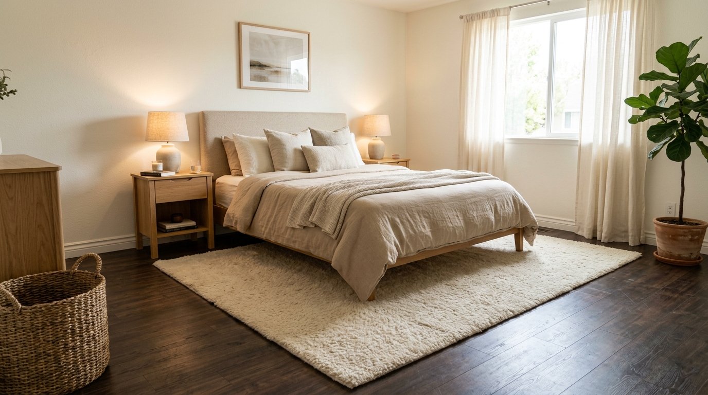 Plush cream area rug placed beneath a queen bed over dark wood laminate flooring in a rental bedroom