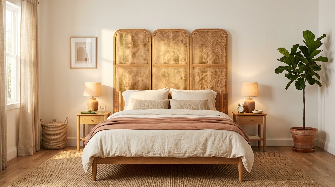 Three-panel woven cane and rattan freestanding folding room screen placed behind a bed as a damage-free accent wall