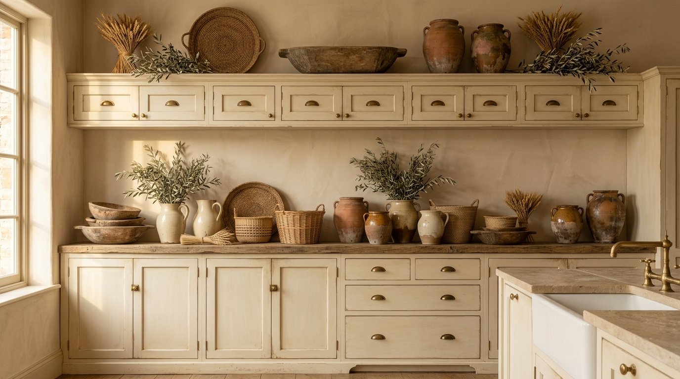 Rustic European country kitchen with weathered wooden dough bowls, aged stoneware jugs, and olive branches on top of cabinets