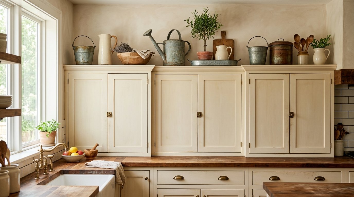 Rustic farmhouse kitchen featuring vintage galvanized metal watering cans, pails, and wooden dough bowls styled above cabinets