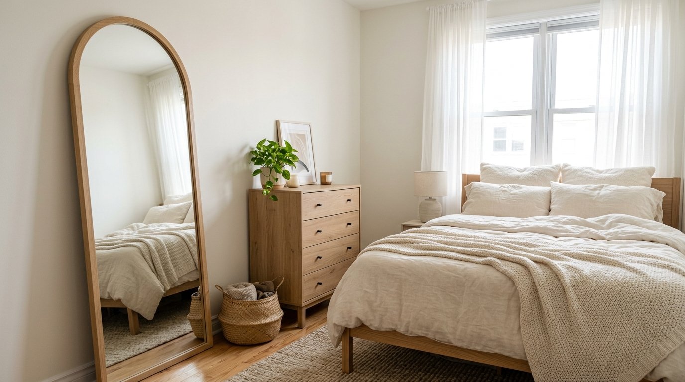 Tall arched oak full-length mirror leaning against a bedroom wall reflecting natural window light
