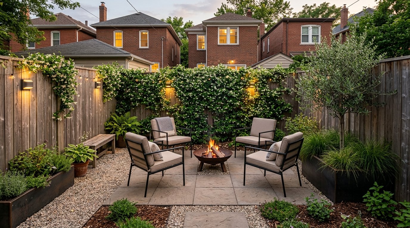Compact urban courtyard patio with a small metal fire bowl, four slim chairs, and a jasmine-covered privacy wall
