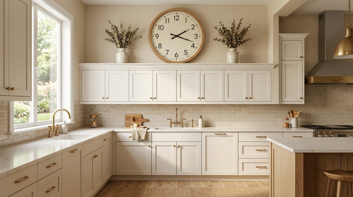 Large round wooden wall clock centered above kitchen cabinets flanked symmetrically by dried eucalyptus in ceramic urns