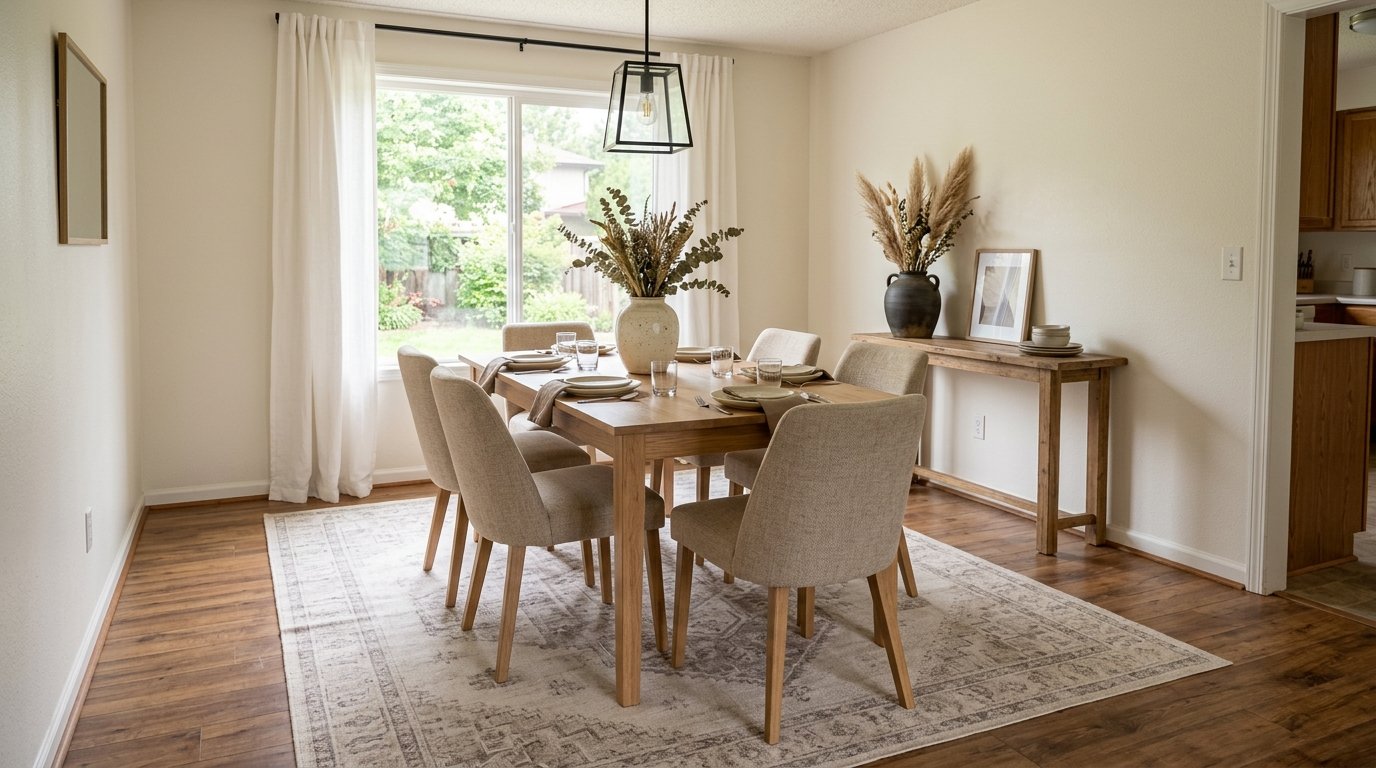 Large washable patterned area rug placed beneath a wooden dining table and six upholstered chairs