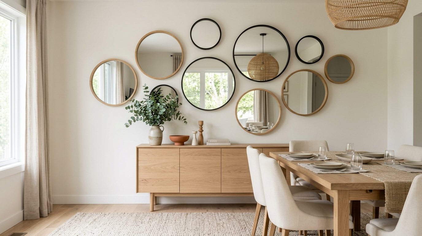 Dining room wall decorated with an organic arrangement of nine round mirrors in thin wood and black metal frames