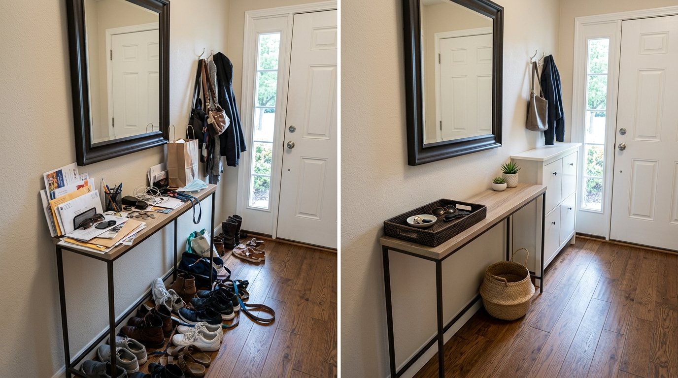 Before and after comparison of an entryway console covered in loose mail and clutter organized with a catchall tray and shoe cabinet