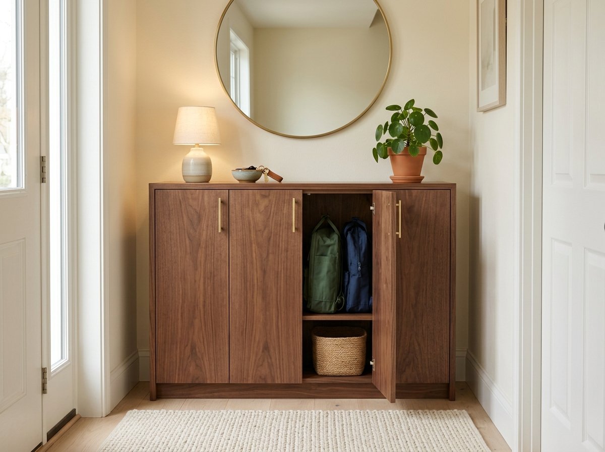 Shallow walnut entryway cabinet with doors concealing backpacks and storage baskets beneath a round mirror