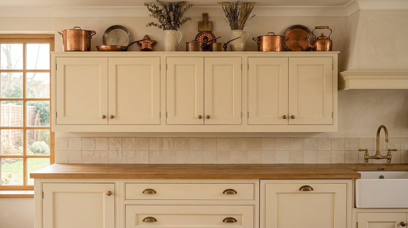 Collection of vintage copper pots, pans, and kettles arranged above cream kitchen cabinets with dried floral accents
