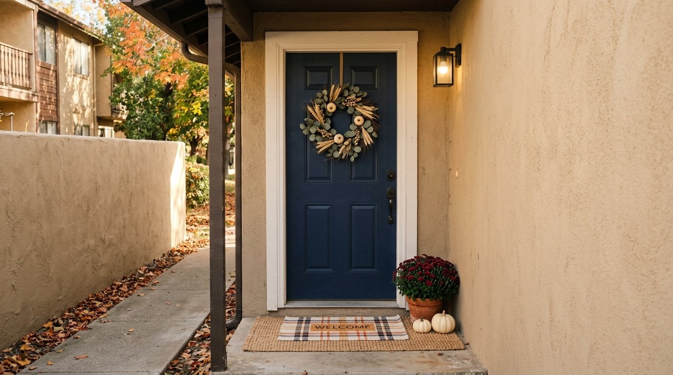 Compact apartment entrance decorated with a wheat wreath, small potted chrysanthemum, and white pumpkins