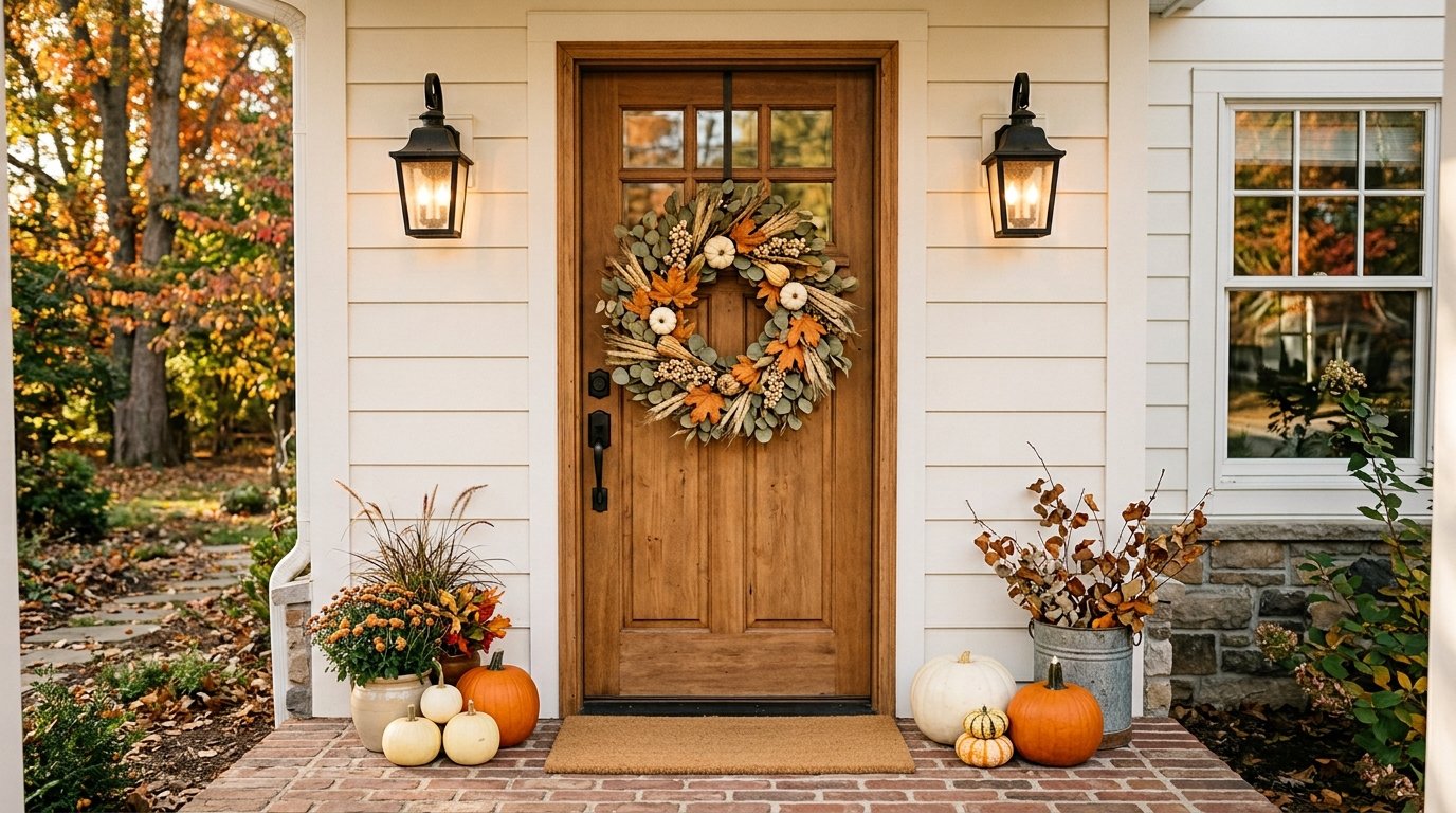 Natural wooden front door adorned with a full autumn wreath featuring dried eucalyptus, maple leaves, wheat, and white pumpkins