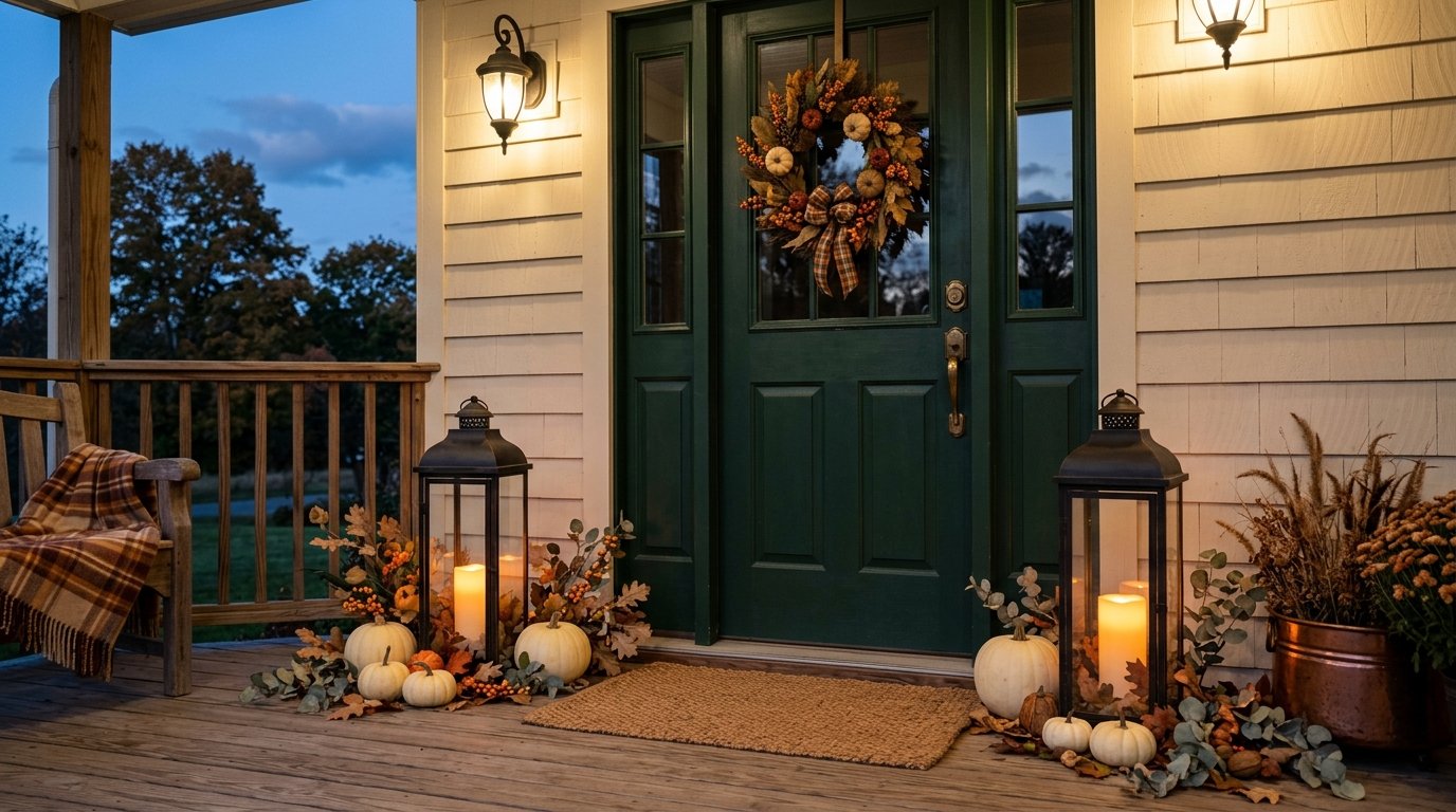 Front porch at dusk illuminated by large black metal vintage lanterns with glowing candles surrounded by white pumpkins