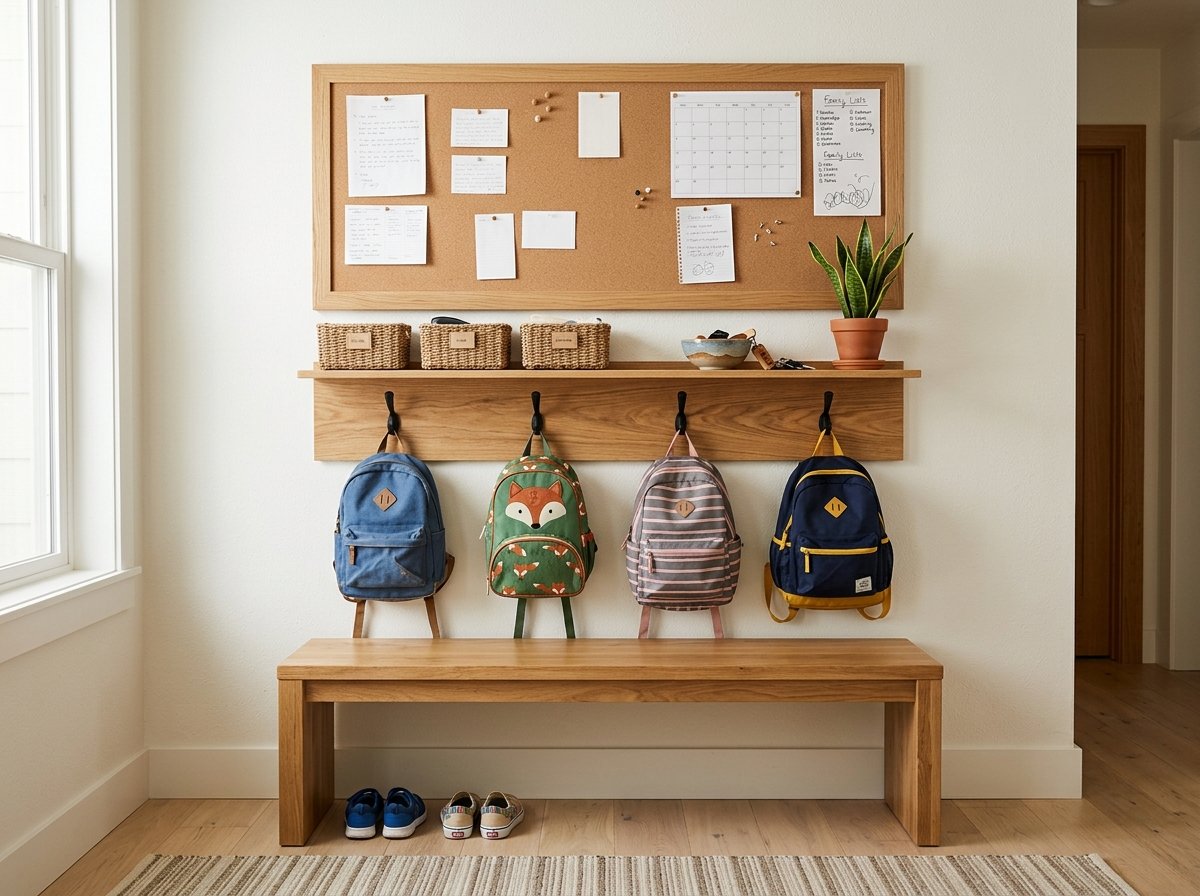 Family entryway command center featuring a large framed cork board, organizer shelf, backpack hooks, and bench