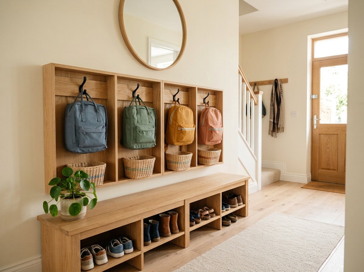Wall-mounted entryway cubby unit with individual compartments, hooks, and baskets above a shoe bench