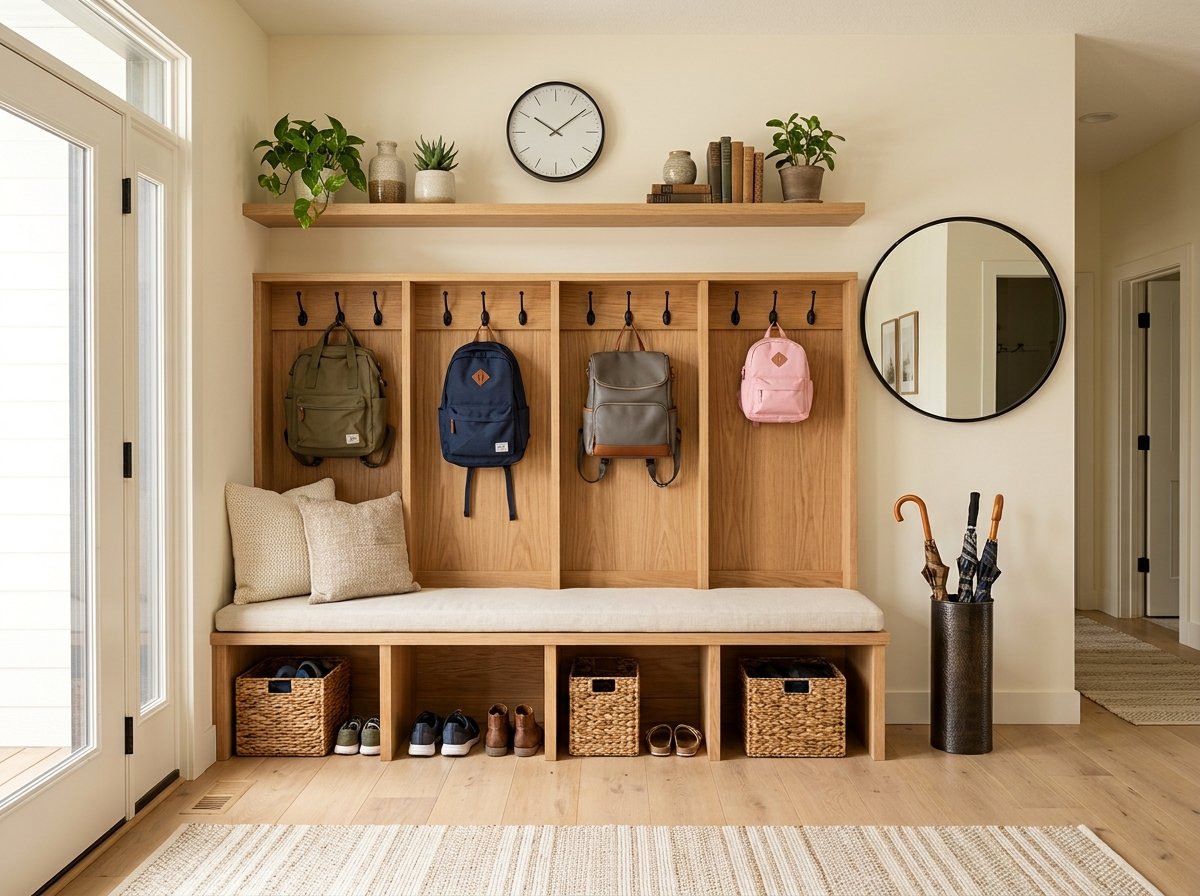 Custom built-in entryway mudroom unit with open locker cubbies showcasing color-coded backpacks and matching baskets