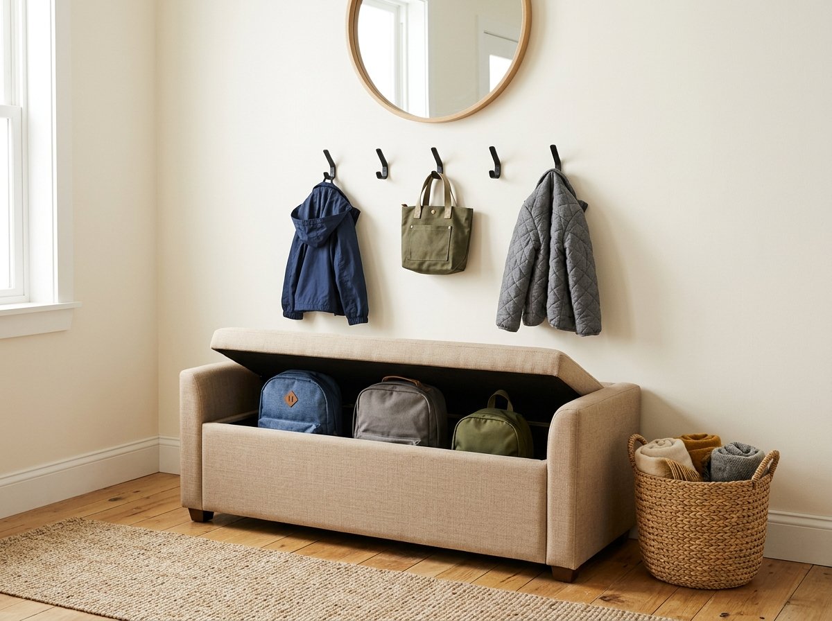 Upholstered entryway storage bench with lift-up lid concealing backpacks and wall hooks for jackets