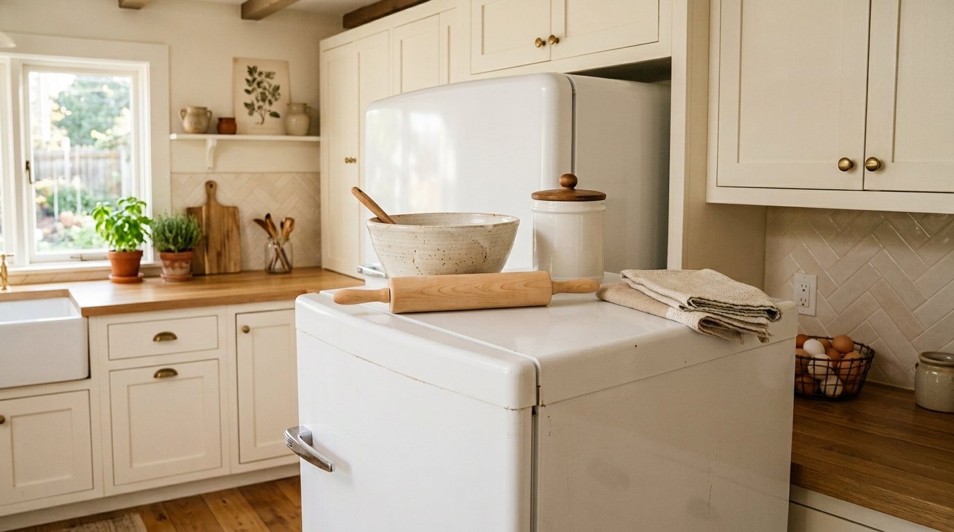Curated baking display on a white refrigerator featuring a ceramic mixing bowl, wooden rolling pin, and vintage flour canister