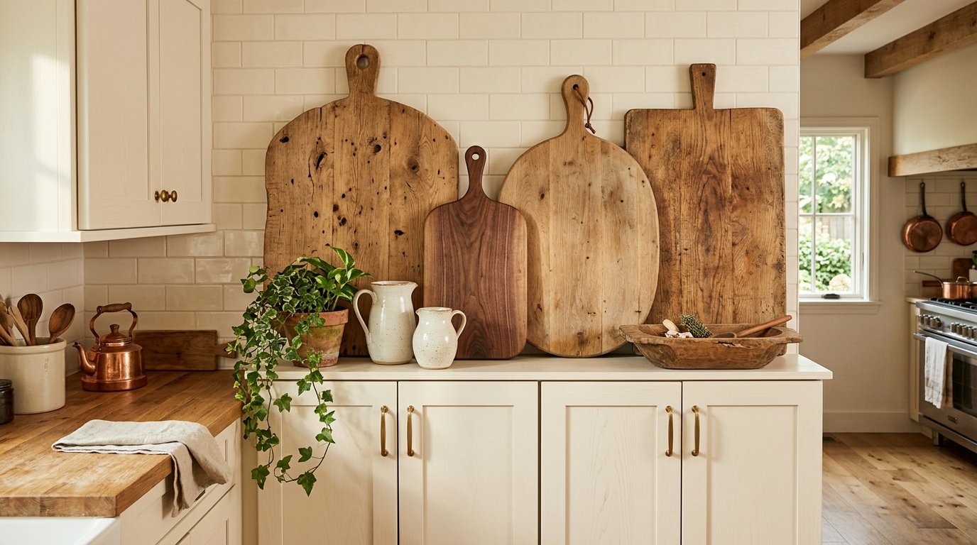 Collection of oversized rustic wooden cutting boards leaning vertically above kitchen cabinets paired with ceramic pitchers and greenery