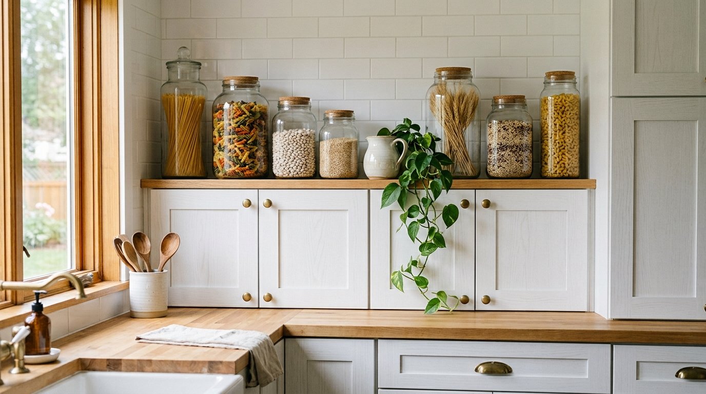 Row of large clear glass storage jars filled with dried pasta, beans, and grains aligned above white kitchen cabinets