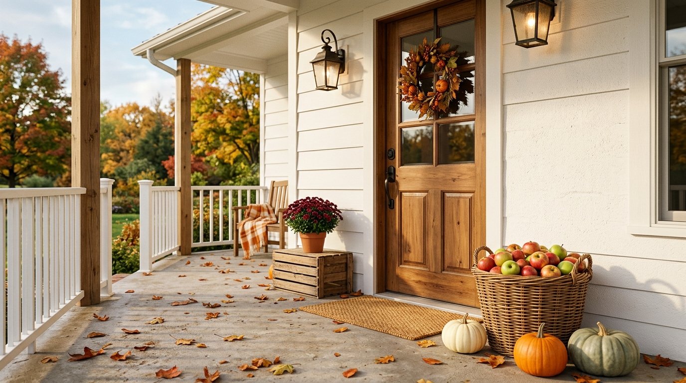 Farmhouse front porch decorated with a large woven basket filled with fresh red and green apples alongside pumpkins