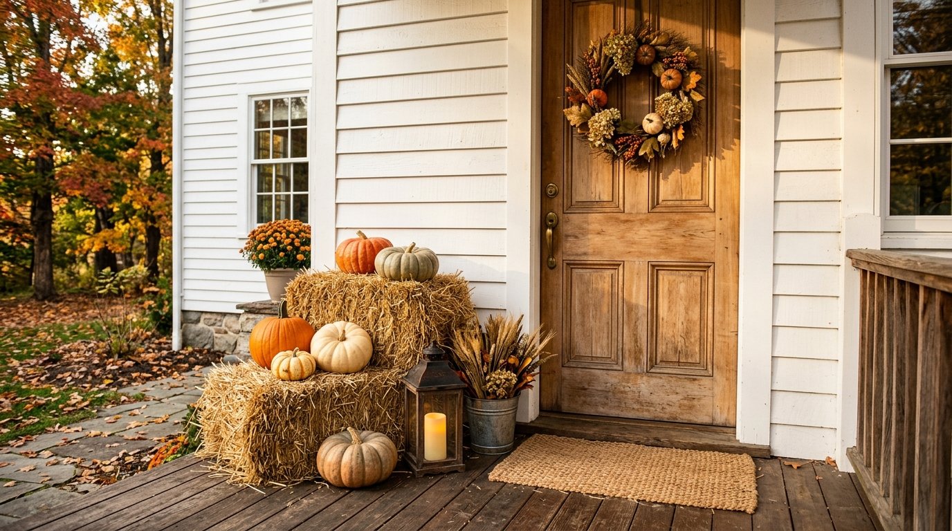 Rustic front porch corner featuring stacked straw hay bales displaying pumpkins, a lantern, and dried wheat stems