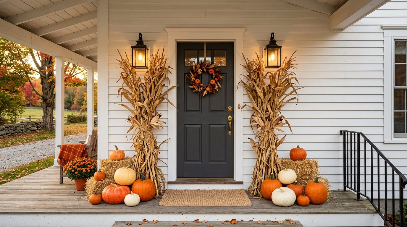 Farmhouse front entrance flanked by tall dried corn stalk bundles tied with twine and surrounded by pumpkins and straw bales