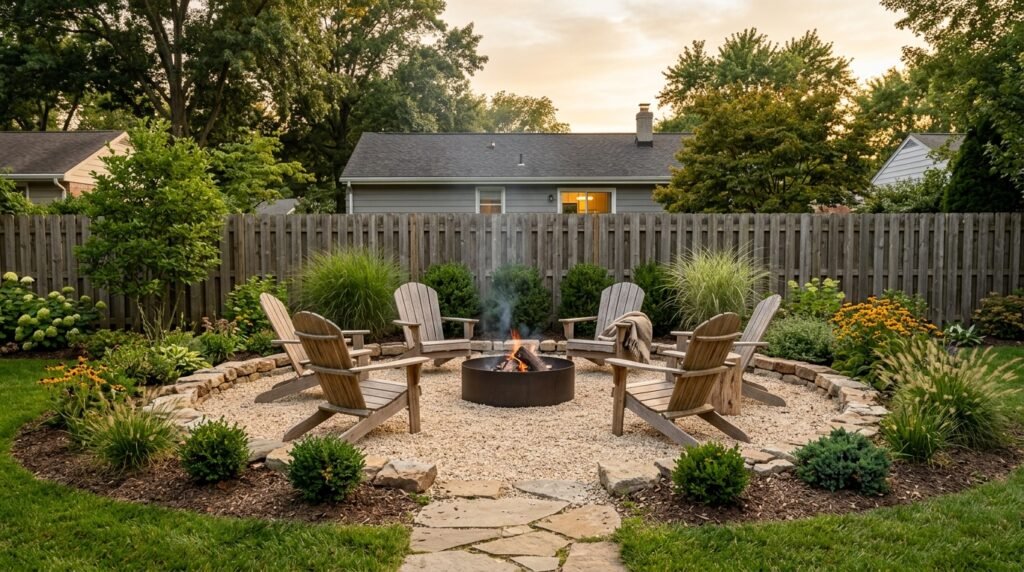 Circular backyard gravel fire pit surrounded by six natural wood Adirondack chairs and stone border edging