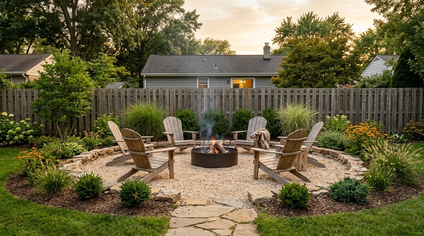 Circular backyard gravel fire pit surrounded by six natural wood Adirondack chairs and stone border edging