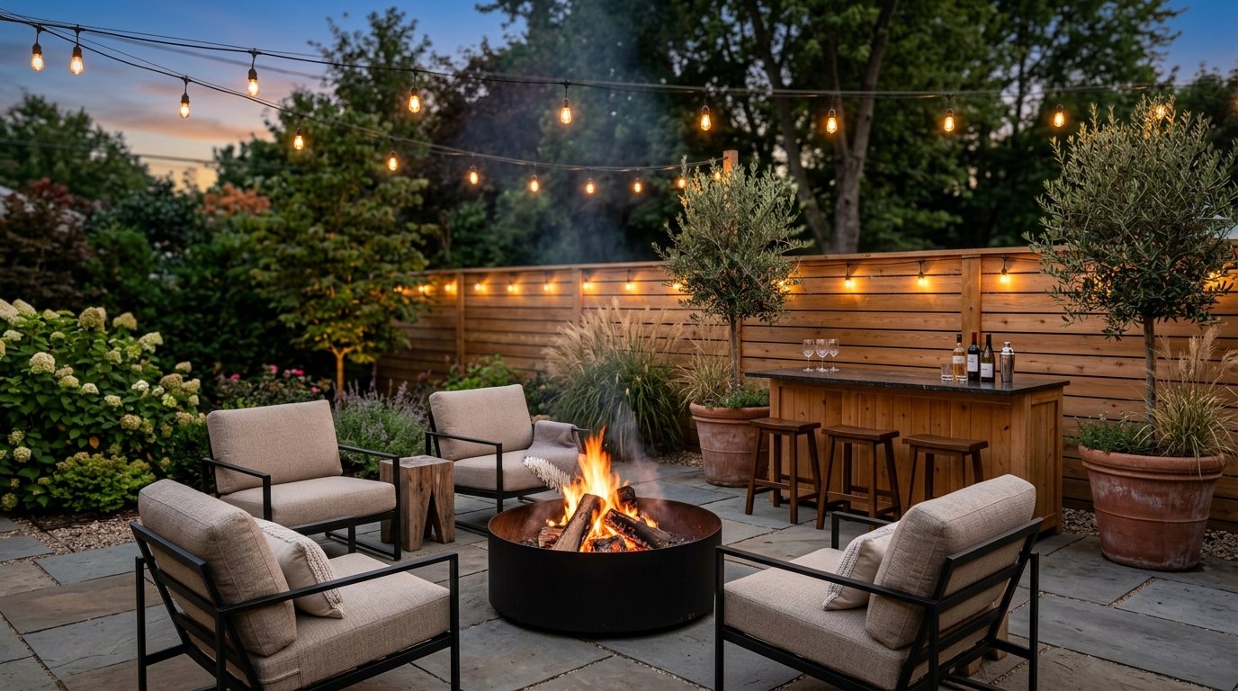 Outdoor entertaining patio featuring a circular fire bowl lounge adjacent to a compact wooden bar counter with stools